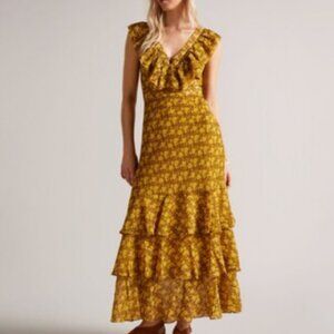 Ted Baker Women's 2 Yellow Azanthi Woven Ruffle Trim Maxi Dress V Neck Floral